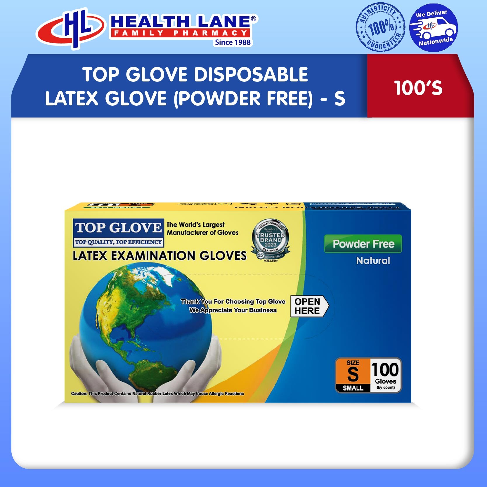 TOP GLOVE EXAMINATION LATEX GLOVE (POWDER FREE) 100'S - S